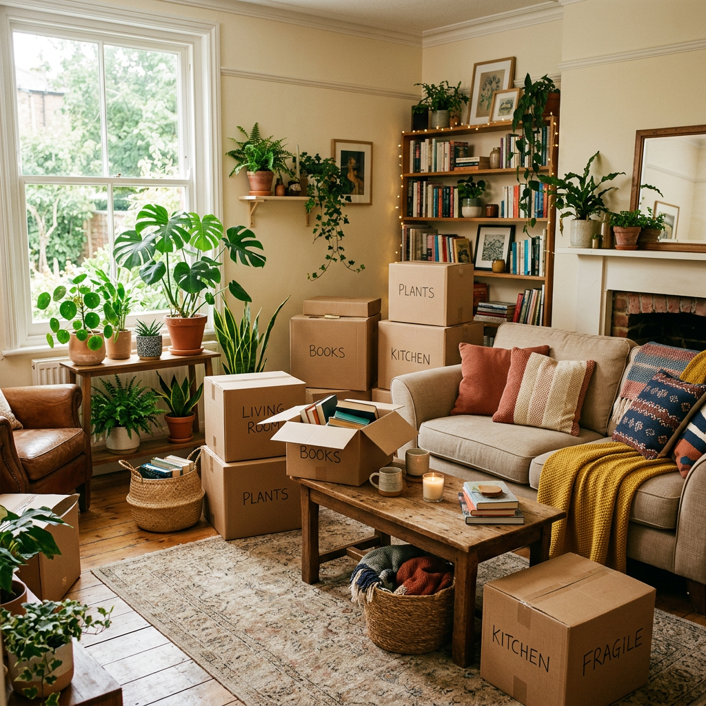 Living room with labeled moving boxes, houseplants, a sofa with colorful cushions, and a wooden coffee table