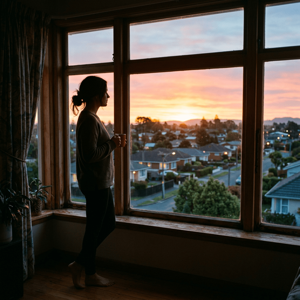 Silhouette of a woman holding a cup and looking out a window at sunrise over a neighborhood