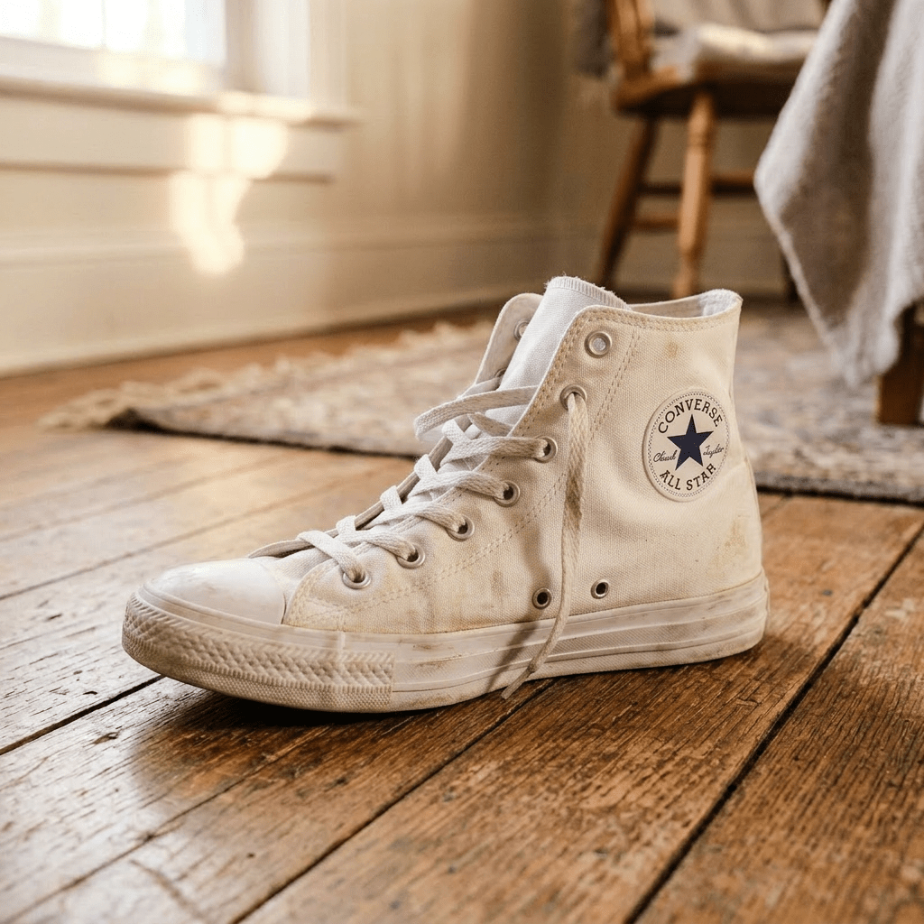 Single weathered brown leather boot with cracked surface and worn sole on wooden floor