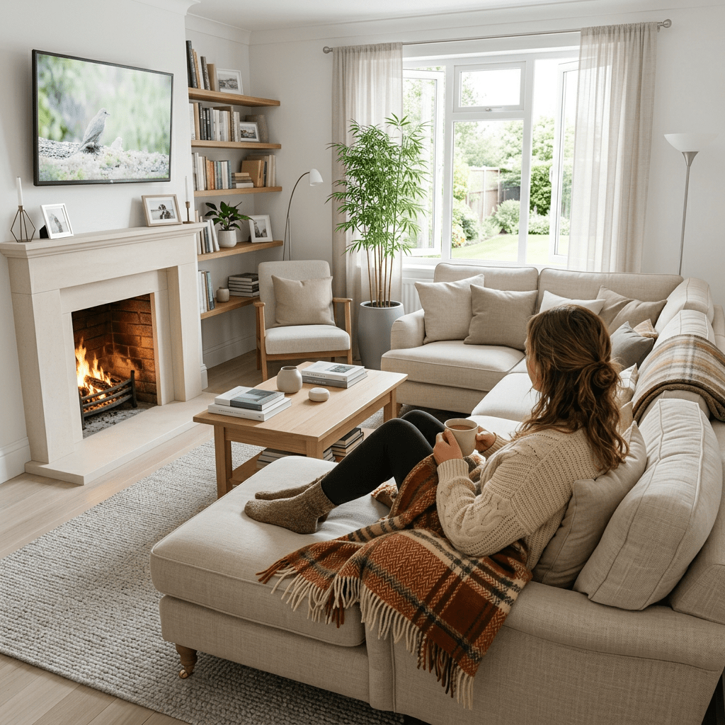 Person sitting on sofa with blanket, holding a cup by a lit fireplace and TV showing bird