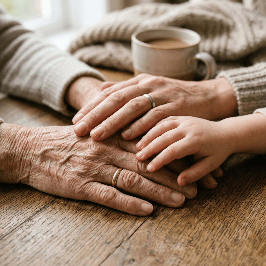 Three hands of different generations stacked together on a wooden table