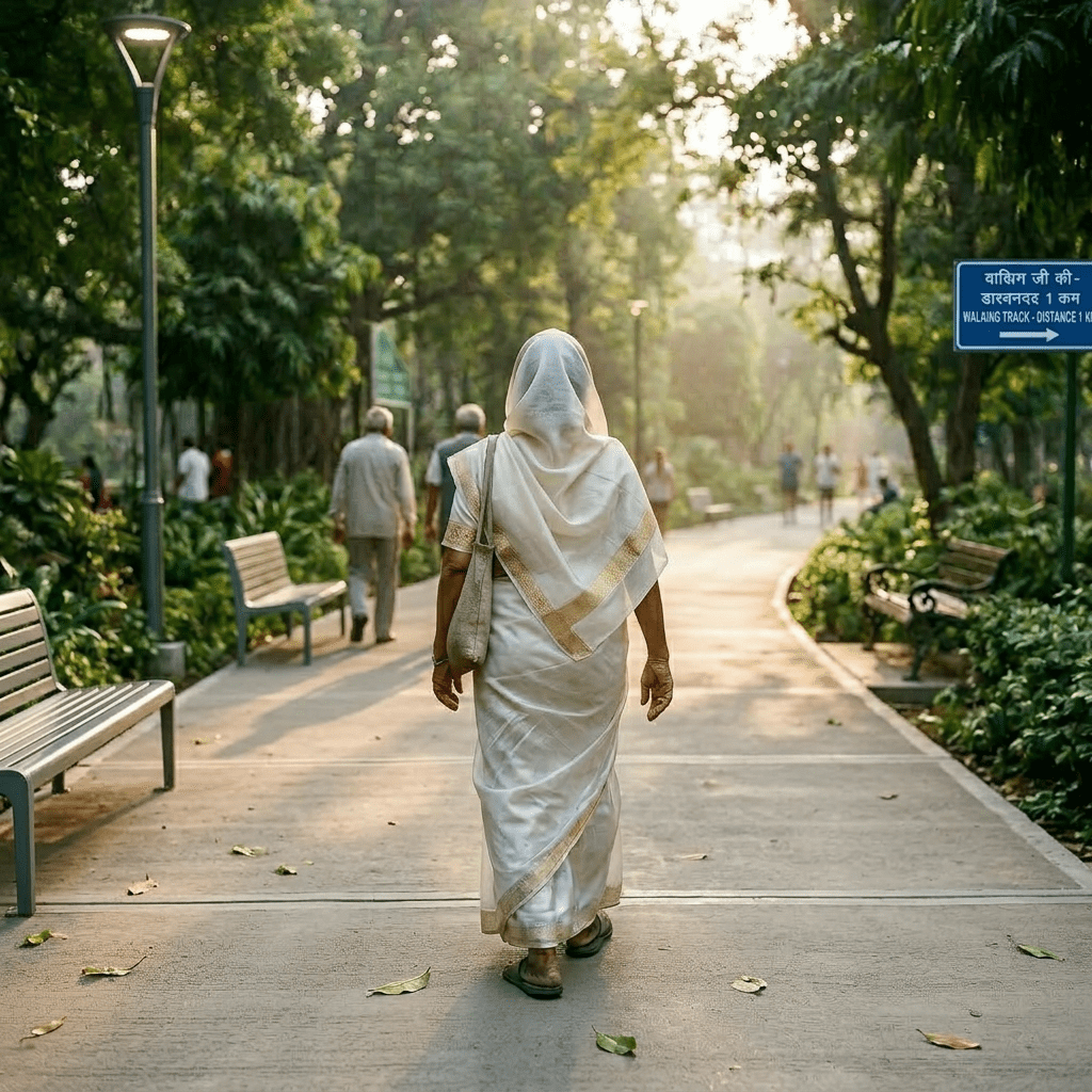 Elderly woman in white sari walking with a cane on a park path.