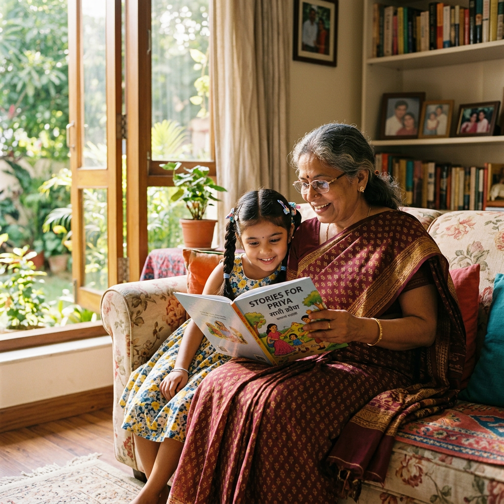 Elderly woman in traditional sari reading a storybook with young girl on a sofa