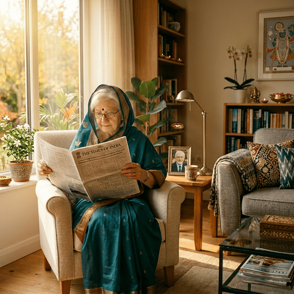 Elderly woman sitting on armchair reading a newspaper in a living room