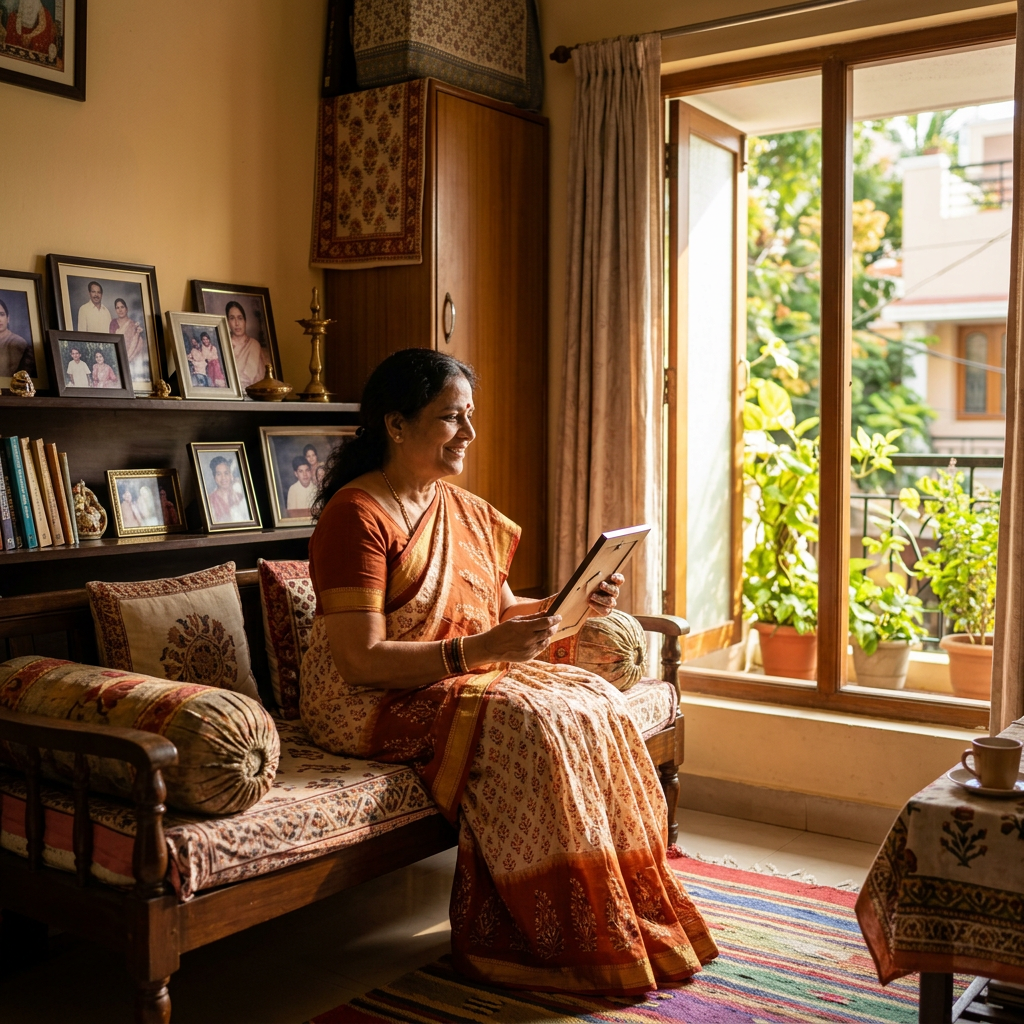 Cozy Indian home, saree, sunlight window, photos