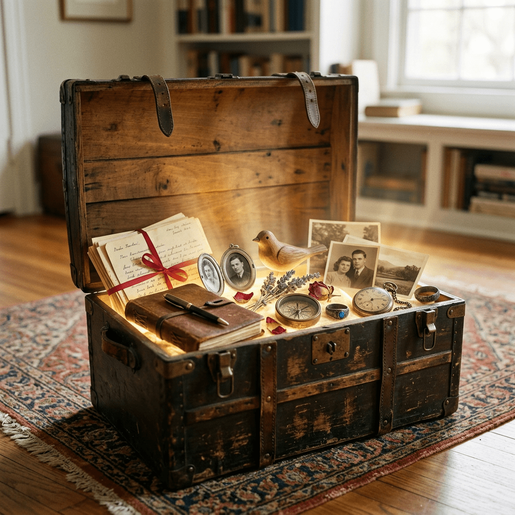 Wooden chest containing vintage photographs, letters, a compass, a pocket watch, and small keepsakes