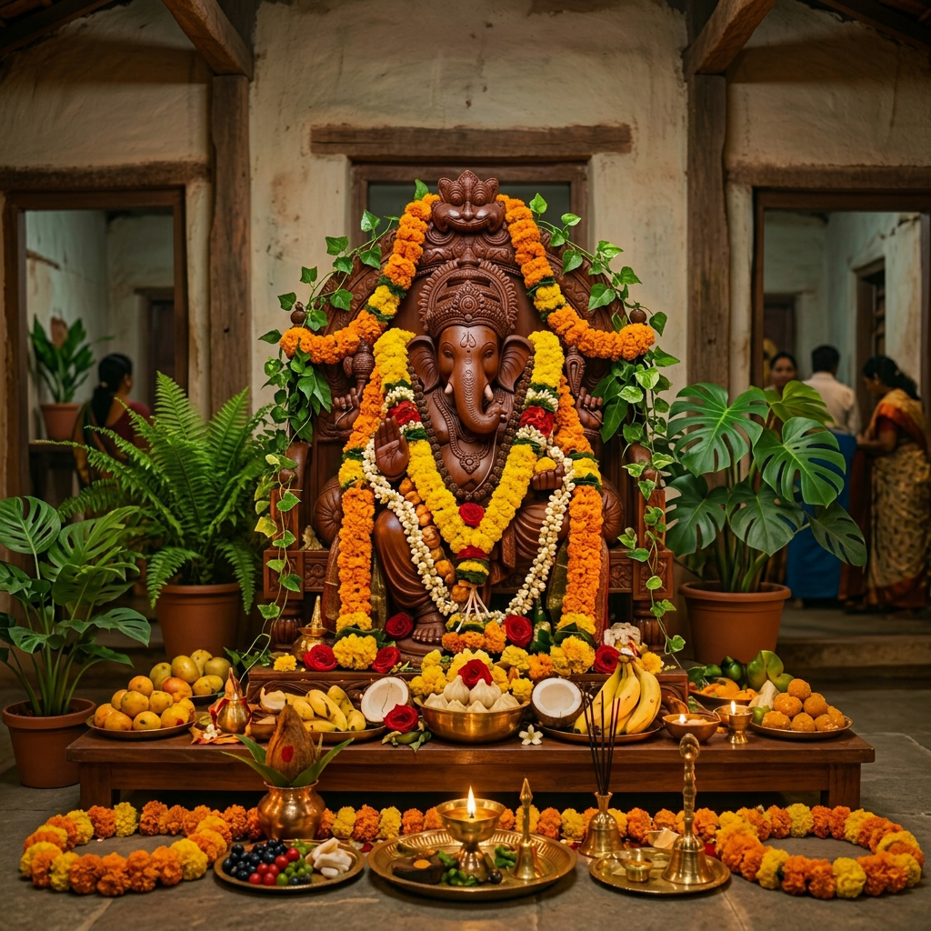 Ganesha idol decorated with marigold garlands, flowers, bananas, and lit oil lamps inside temple