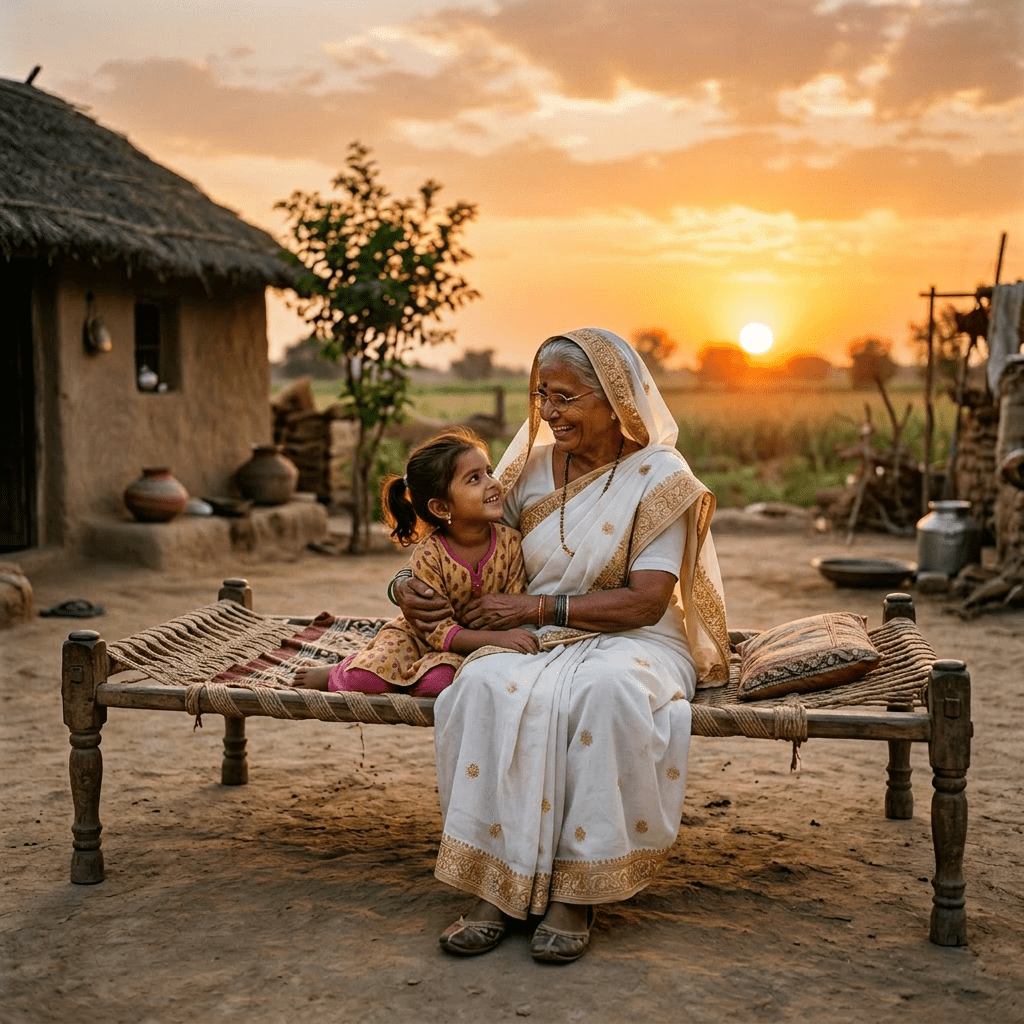 Grandmother and granddaughter sitting together on a charpai outside a rural house at sunset