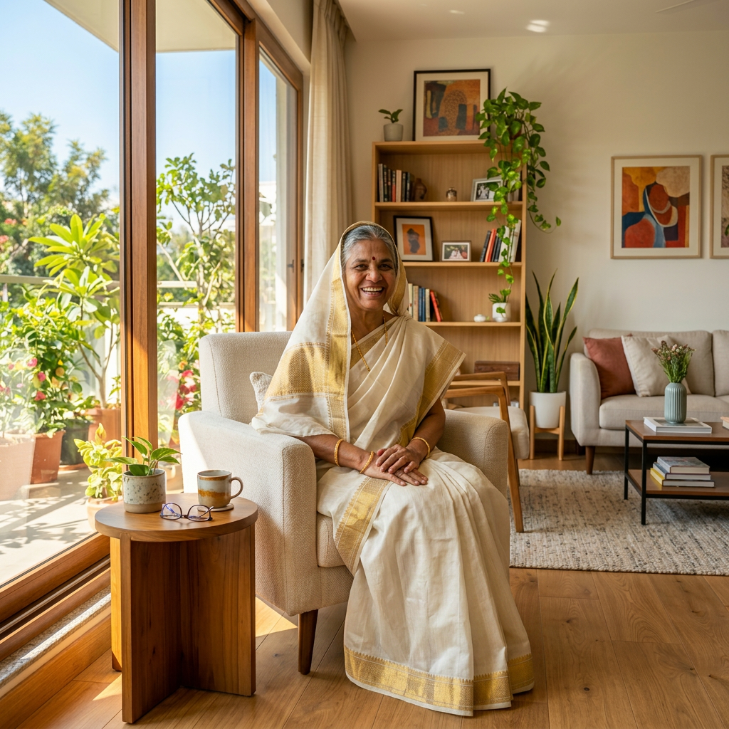 Elderly woman in traditional saree sitting on armchair in bright living room