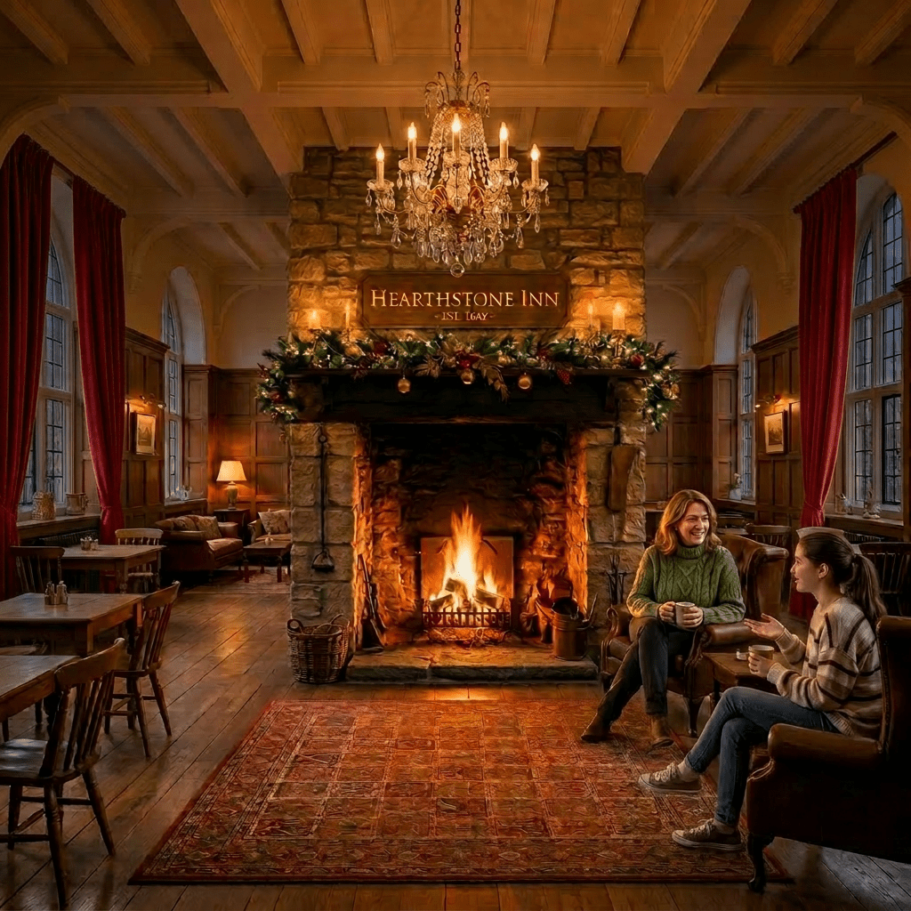 People sitting by a roaring fireplace in a rustic inn with festive decorations