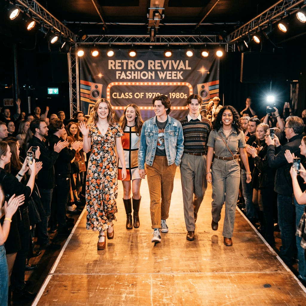 Five models walking on runway at Retro Revival Fashion Week, class of 1970s-1980s