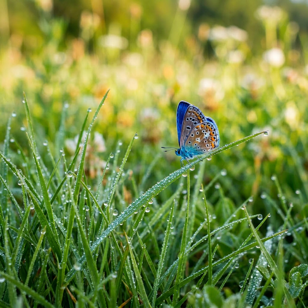 Small butterfly perched on a blade of grass covered with morning dew droplets.