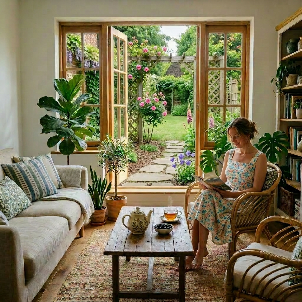 Woman reading book in sunlit living room with plants and open doors to garden