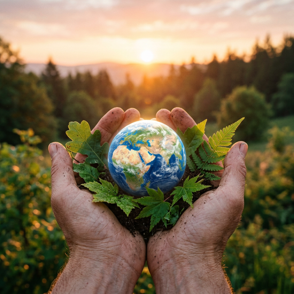 Hands holding small globe with green leaves and soil