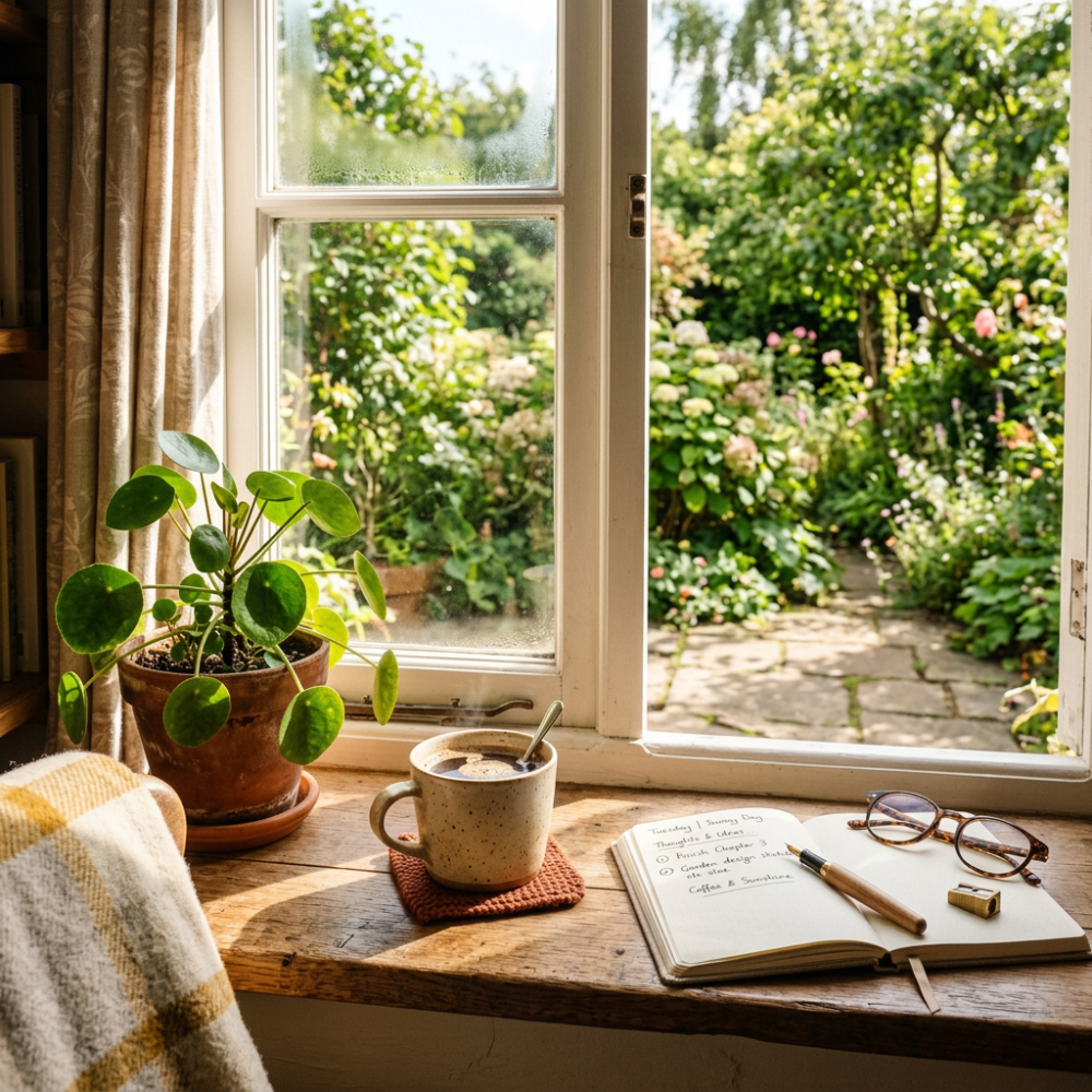 Cozy window seat with a mug, plant, notebook, and glasses overlooking garden