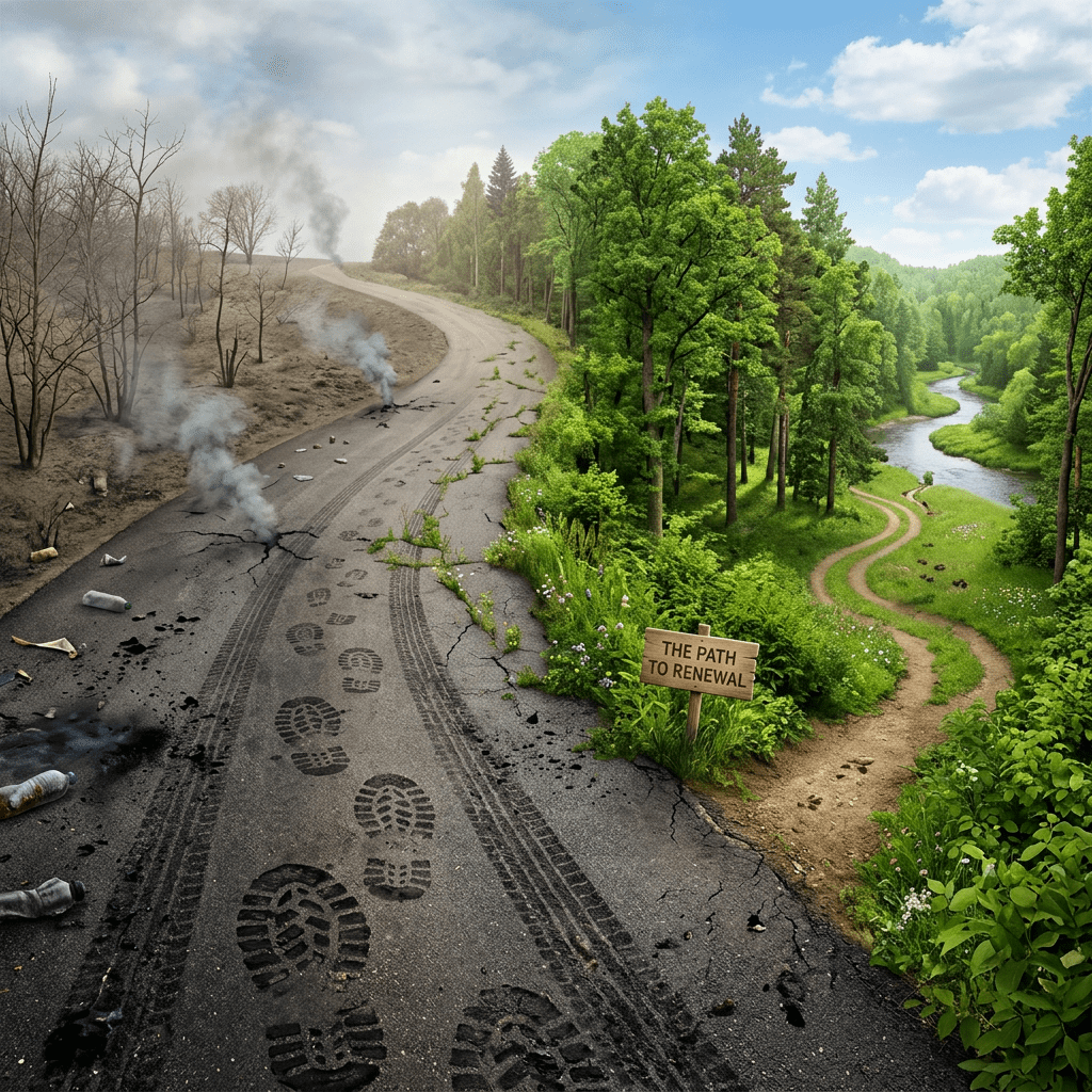 A cracked, polluted road with smoke and trash contrasts with a lush green forest path labeled 'The Path to Renewal'