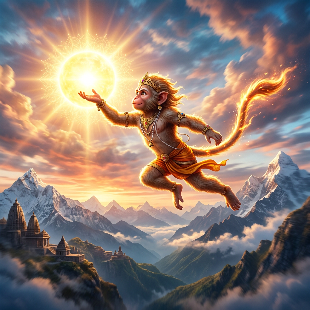 Divine monkey deity in golden attire holding glowing sun, flying over mountains with temples at sunset