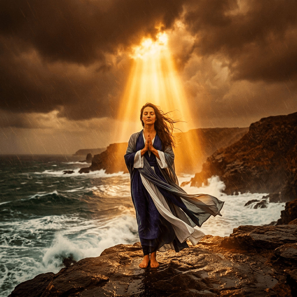 Woman meditating barefoot on rocky shore under dramatic sunlight and cloudy sky