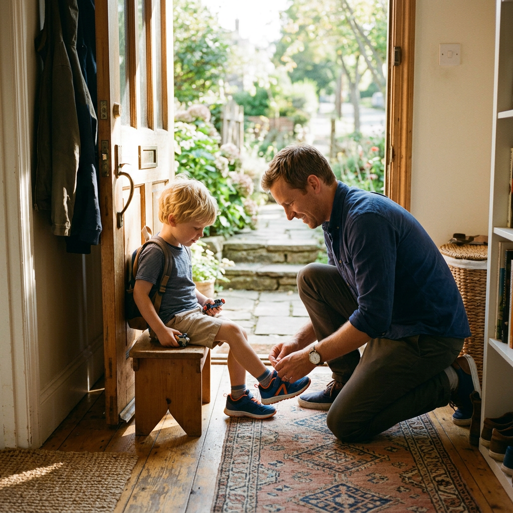 Father kneeling and tying shoes for young boy sitting on a bench near the front door