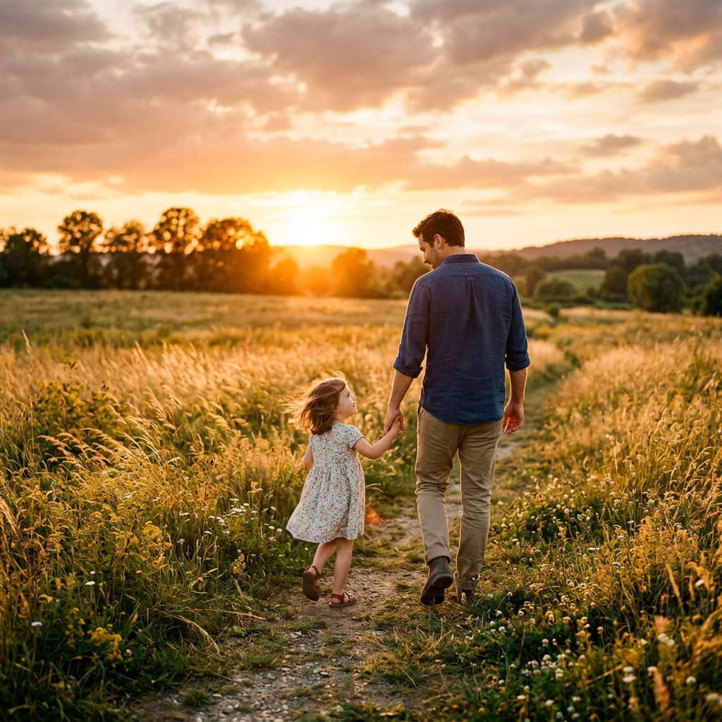 Father and daughter walking on a dirt path through a field at sunset