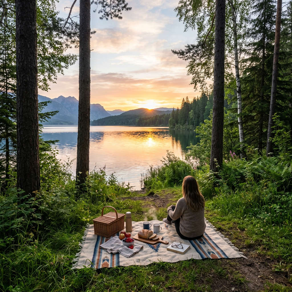 Person sitting on a blanket having a picnic near a calm lake at sunrise
