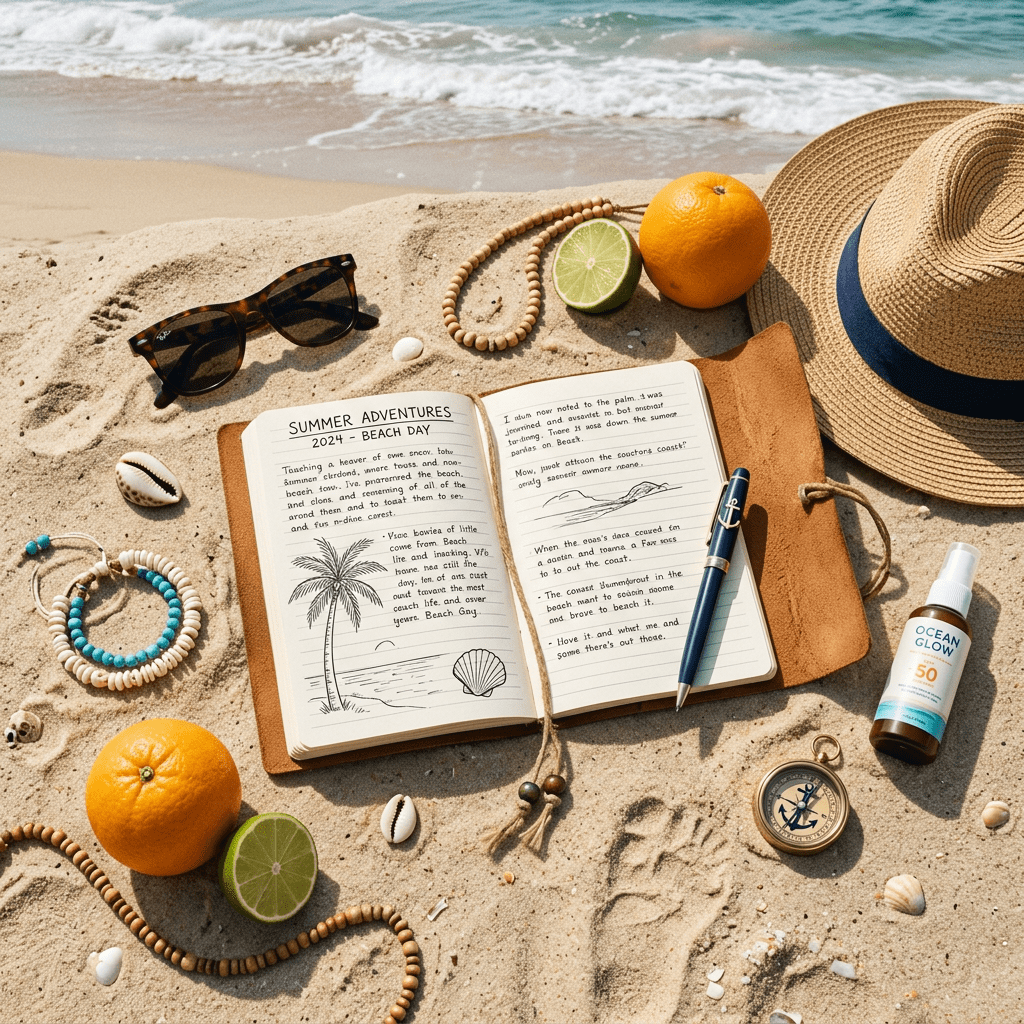 Open summer journal with pen, sunglasses, hat, compass, sunscreen, bracelets, and fruit on sandy beach