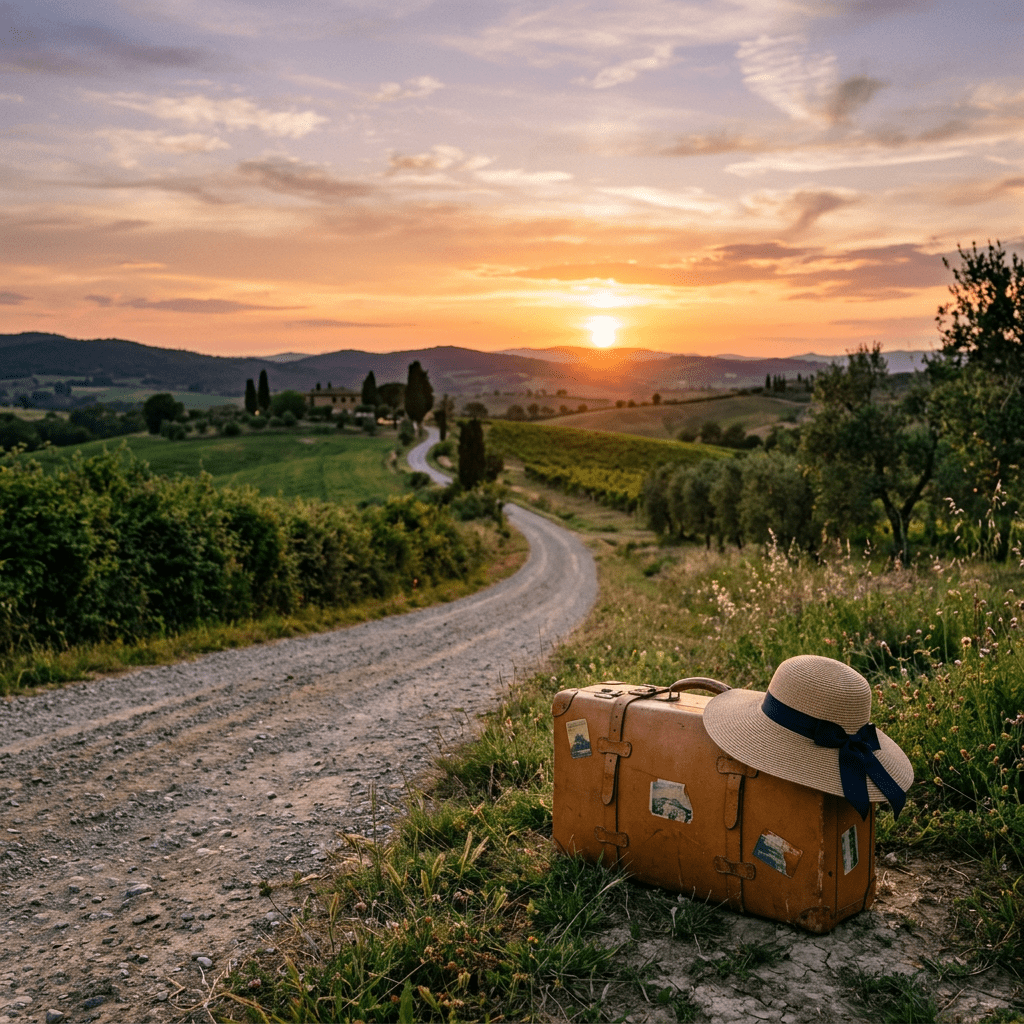 Vintage suitcase with travel stickers and a beige sun hat beside a winding dirt road at sunset